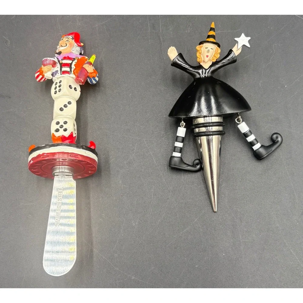 Novelty Jester Dice Cheese Spreader and Witch Wine Bottle Stopper Barware Set